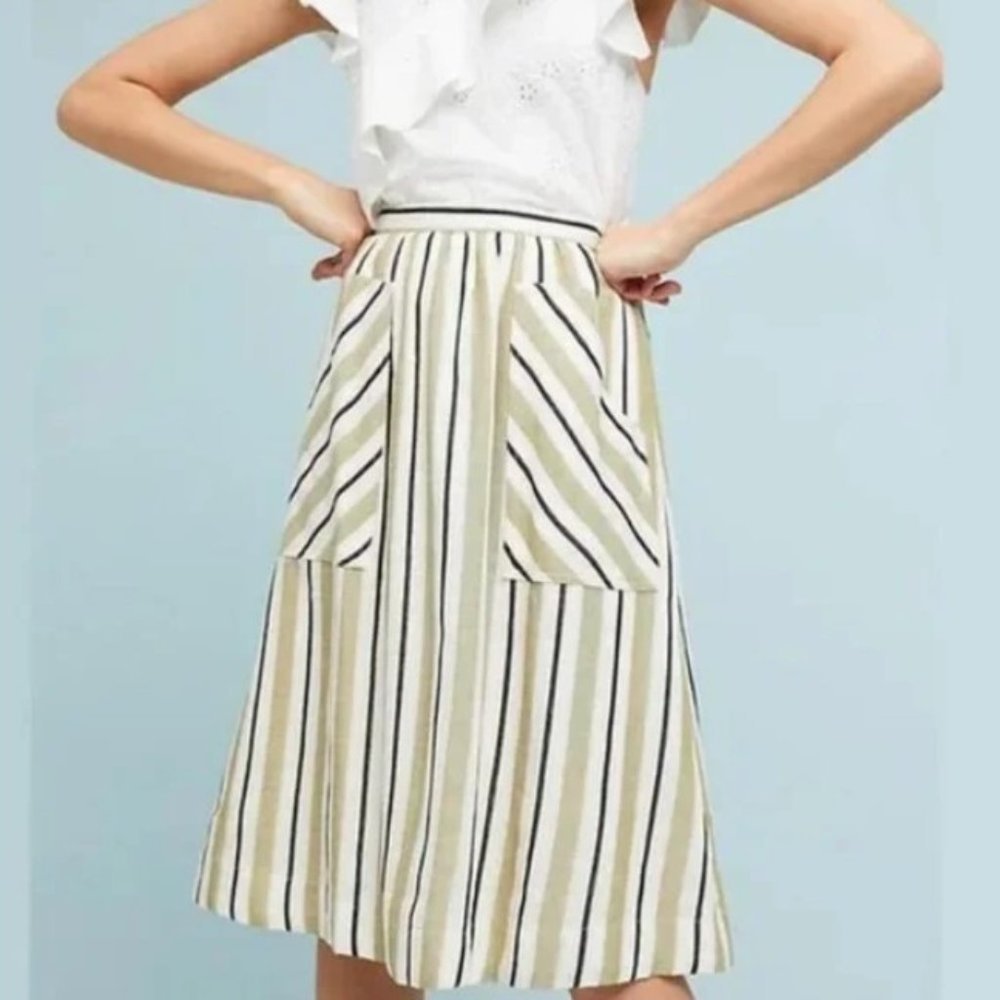 Anthropologie Akemi + Kim green striped Luria Midi Skirt, Size M